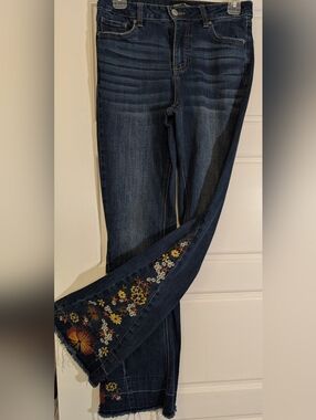 Ashley Mason Dark Wash Flare Jeans with Multicolor Floral Embroidery